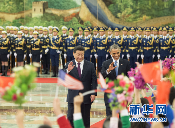11月12日，國家主席習(xí)近平在北京人民大會堂舉行歡迎儀式，歡迎美國總統(tǒng)奧巴馬對中國進行國事訪問。 新華社記者 黃敬文 攝